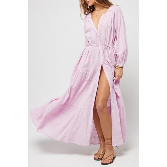 L*Space Button Up Duster Maxi Dress Semi-Sheer Beach Cover Up in Cream Plaid - Picture 6 of 7